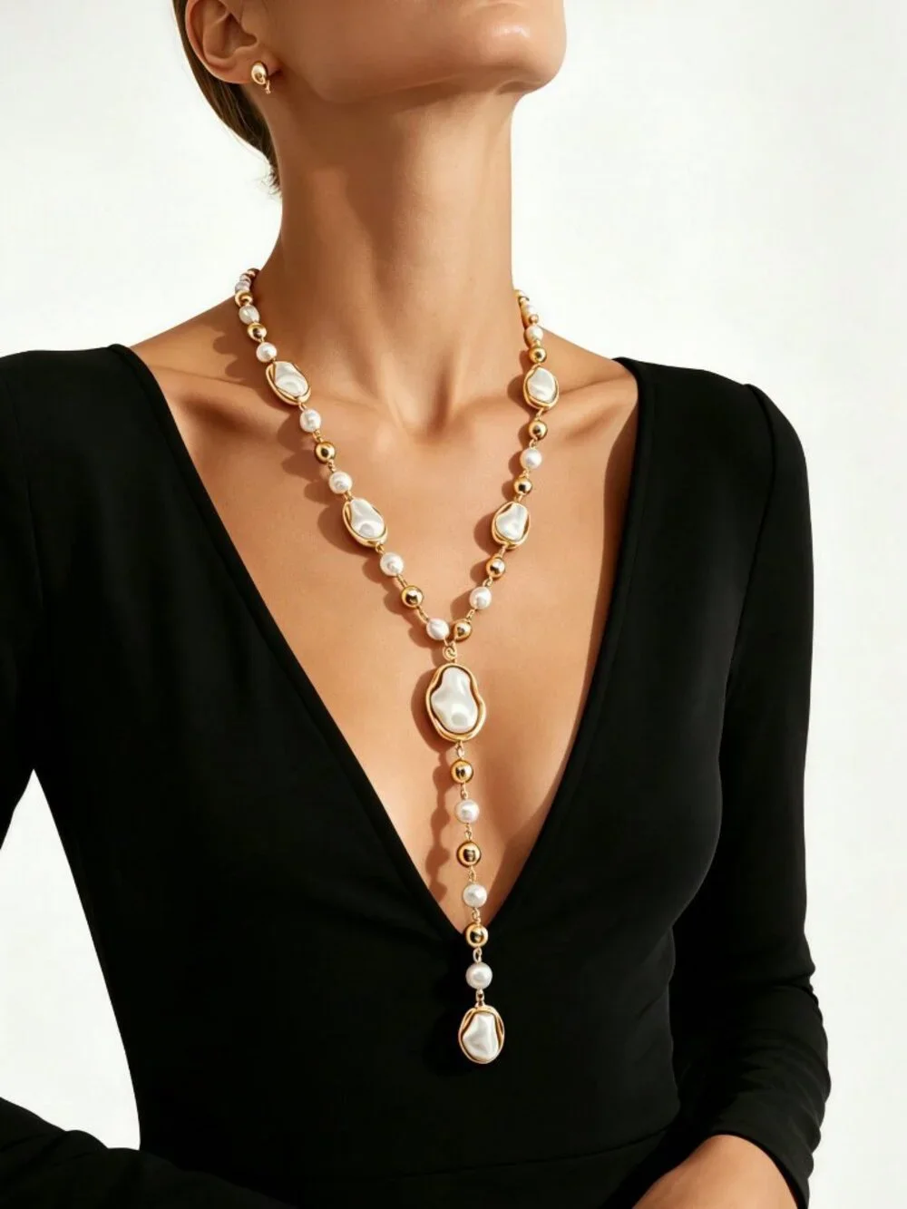 Elegant Women's Asymmetrical Baroque Pearl & Gold Bead Y-Shaped Necklace